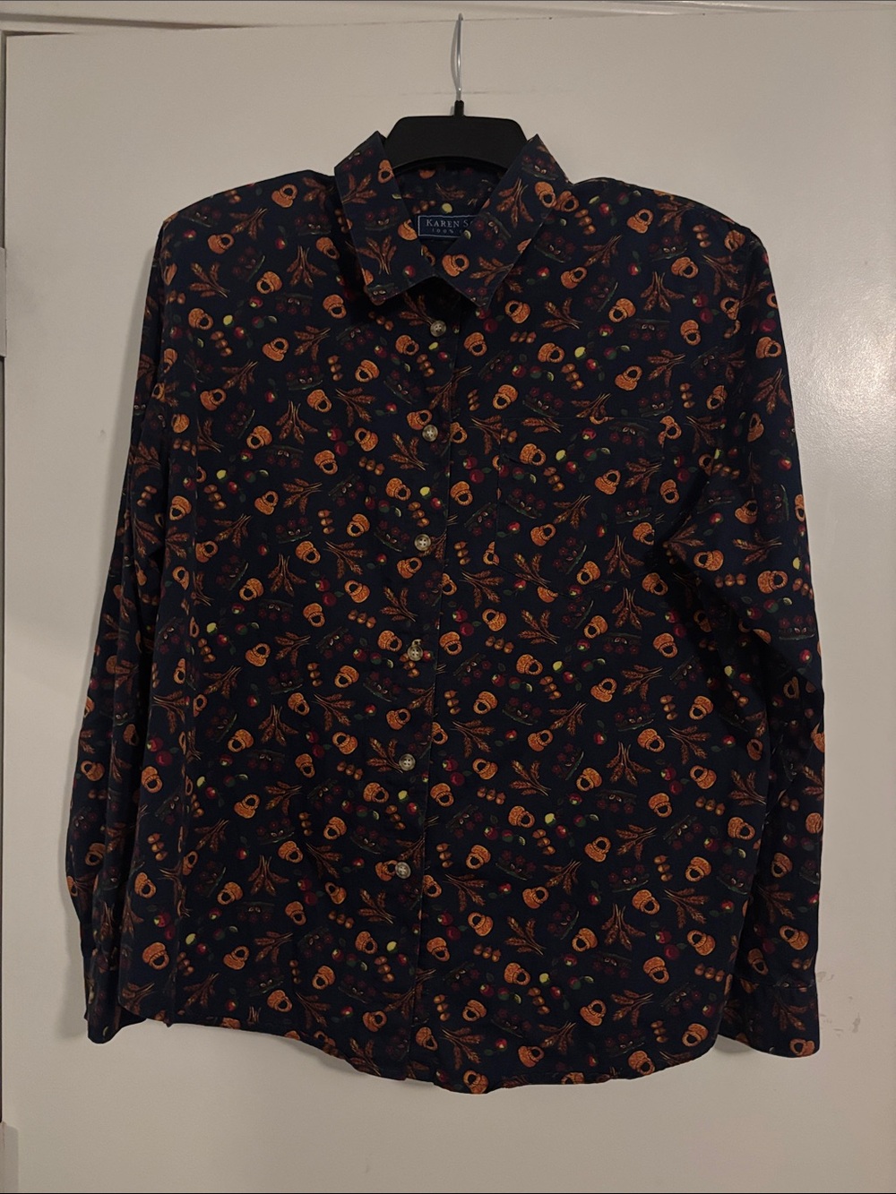Vintage Karen Scott Navy Button-Down Shirt with Fall/Harvest Print